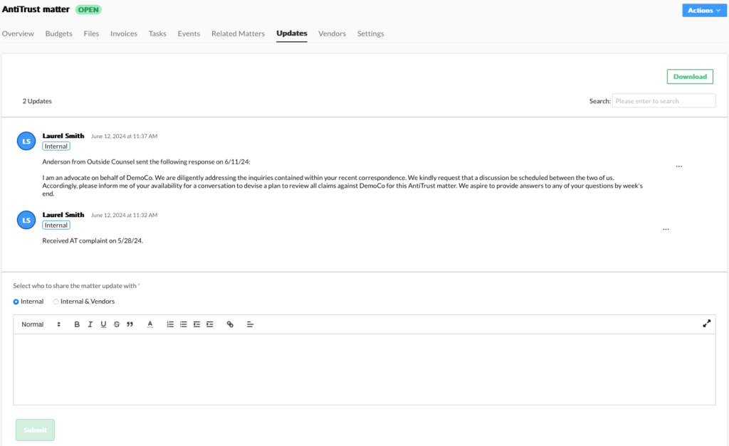 A screenshot of SimpleLegal's shared matter updates:  